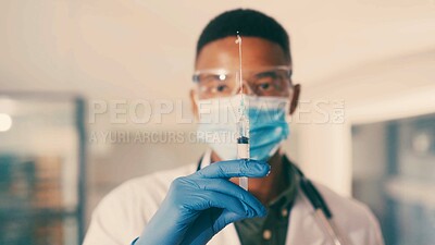 Buy stock photo Portrait, doctor and black man with syringe for healthcare injection, medicine and flu shot for wellness. PPE, medical treatment or physician with needle in hospital, immune system and health booster