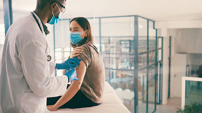 Buy stock photo Vaccine, doctor and patient with syringe for healthcare injection, medicine and flu shot for wellness. PPE, medical treatment or people with needle for immune system boost, prevent virus or infection