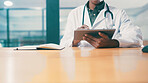 Hospital, doctor and hands with tablet for healthcare history, report or insurance records. Technology, medical worker and man check email for wellness, clinic schedule or research info in office