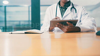 Buy stock photo Hospital, doctor and hands with tablet for healthcare history, report or insurance records. Technology, medical worker and man check email for wellness, clinic schedule or research info in office