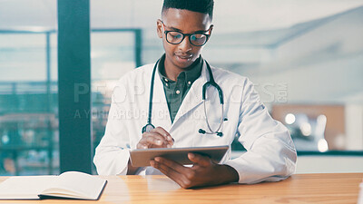 Buy stock photo Tablet, black man and doctor in hospital with medical research for treatment planning. Digital technology, notebook and African male healthcare worker with information for online diagnosis in clinic.
