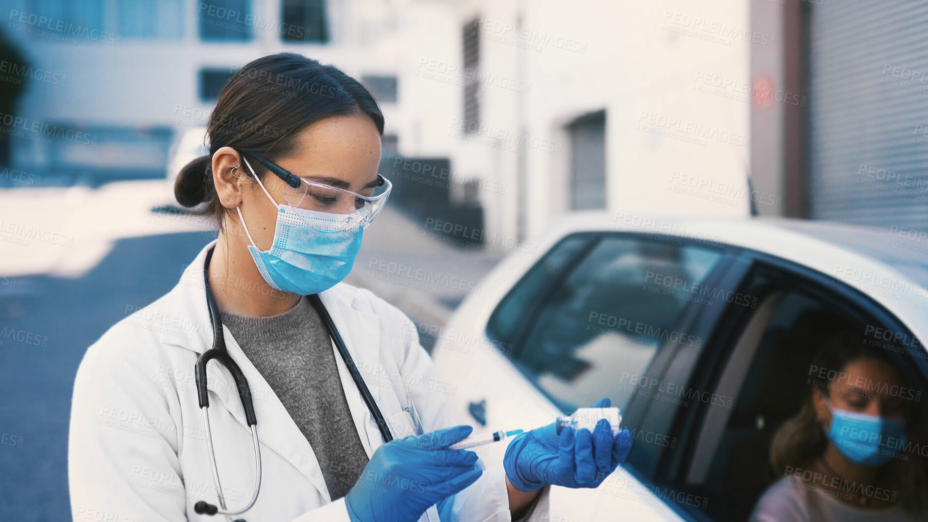 Buy stock photo Woman, doctor and needle for vaccine outdoor, immunization and prevent disease in drive through. People, face mask and patient in vehicle of medical treatment, infection control and healthcare safety