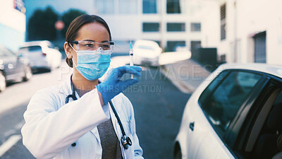 Buy stock photo Woman, doctor and injection for vaccine outdoor, immunization and prevent disease in drive through. Female person, face mask and vehicle for medical treatment, infection control and healthcare safety