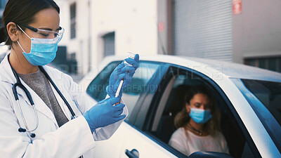 Buy stock photo Woman, doctor and person in car for vaccine, immunization and prevent disease in drive through. People, face mask and syringe with bottle for medical protection, infection control and healthcare ppe
