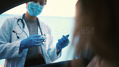 Buy stock photo Vaccine, injection and doctor with patient, car and healthcare for flu prevention and communication. Drive tru, medical help and consultation with RSV immunization, vehicle and woman with medicine