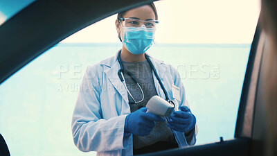 Buy stock photo Doctor, face mask and car with infrared scanner for temperature, fever or screening in city. Woman, healthcare worker or medical exam with thermometer for viral assessment or outbreak regulations