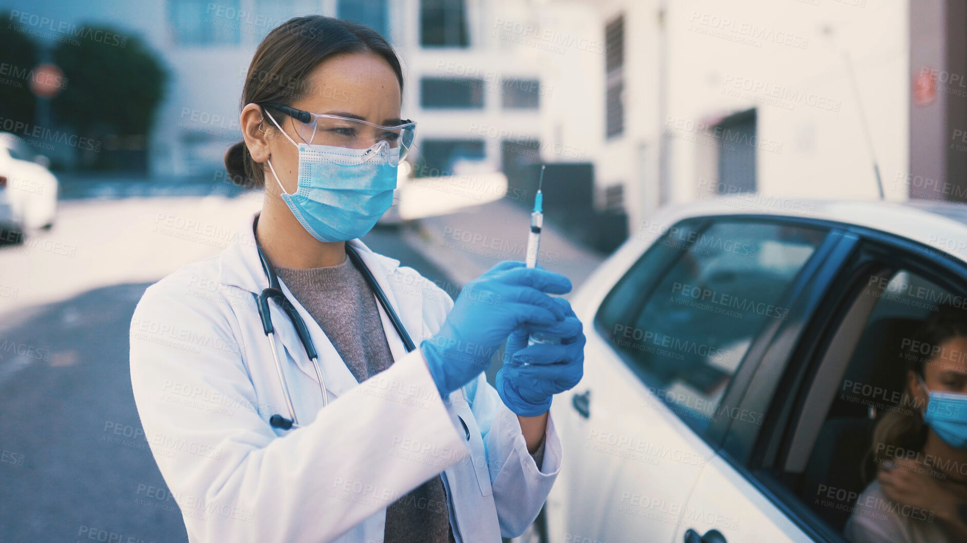 Buy stock photo Woman, doctor and check injection for vaccine, immunization and prevent disease in drive through. People, face mask and person in care for medical treatment, infection control and healthcare medicine
