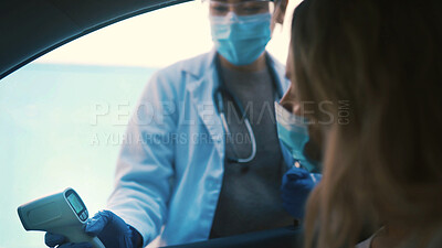 Buy stock photo Doctor, face mask and car with screening results for temperature, fever or safety in city. Woman, healthcare worker or medical exam with infrared scanner for viral assessment or outbreak regulations