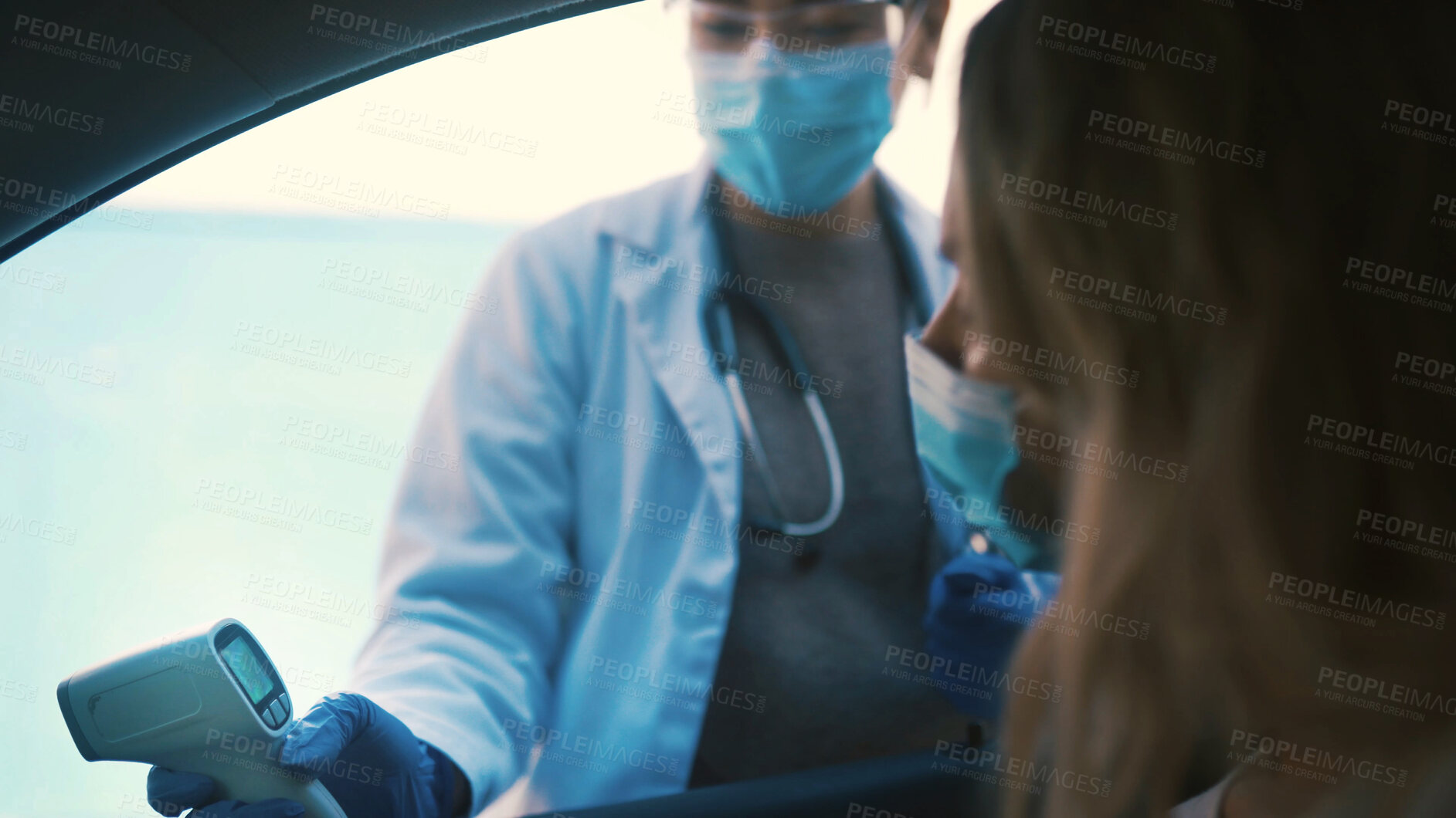 Buy stock photo Doctor, face mask and car with screening results for temperature, fever or safety in city. Woman, healthcare worker or medical exam with infrared scanner for viral assessment or outbreak regulations