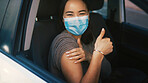 Happy woman, portrait and face mask with thumbs up in car for vaccination, immunity or flu shot. Female person, patient or traveler with like emoji or yes sign for vaccine, cure or health and safety