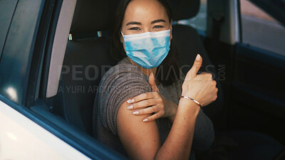 Buy stock photo Happy woman, portrait and face mask with thumbs up in car for vaccination, immunity or flu shot. Female person, patient or traveler with like emoji or yes sign for vaccine, cure or health and safety