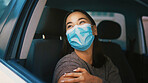 Woman, thinking and face mask in car with vaccination for disease, infection and illness prevention. Female person, reflection and immunity shot in vehicle with PPE for sickness, virus and germs.