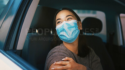 Buy stock photo Woman, thinking and face mask in car with vaccination for disease, infection and illness prevention. Female person, reflection and immunity shot in vehicle with PPE for sickness, virus and germs.