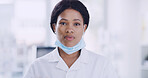 Portrait, medical research and black woman in lab, science and experiment with face mask. African person, scientist and employee in workplace, safety and biologist with pride, confidence and space