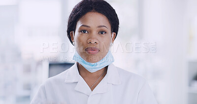 Buy stock photo Portrait, medical research and black woman in lab, science and experiment with face mask. African person, scientist and employee in workplace, safety and biologist with pride, confidence and space