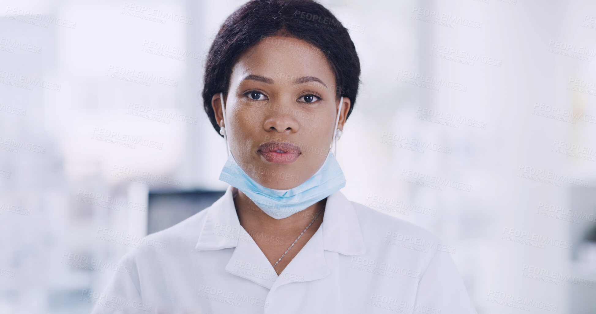 Buy stock photo Portrait, medical research and black woman in lab, science and experiment with face mask. African person, scientist and employee in workplace, safety and biologist with pride, confidence and space