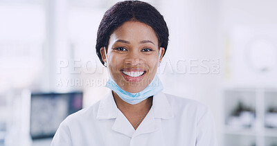 Buy stock photo Portrait, medical research and black woman with smile, science and experiment with face mask. African person, scientist and happy employee in workplace, confidence or biologist with pride and study