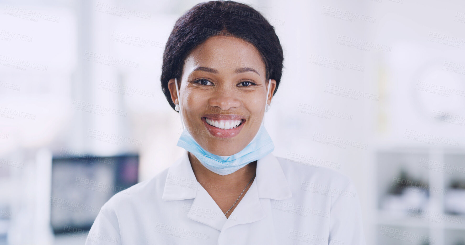 Buy stock photo Portrait, medical research and black woman with smile, science and experiment with face mask. African person, scientist and happy employee in workplace, confidence or biologist with pride and study