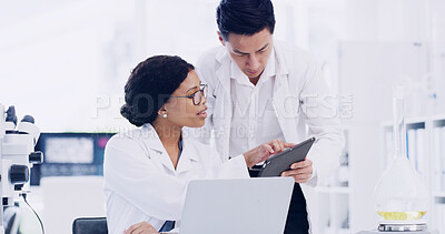 Buy stock photo Team, research and tablet with people in lab for reading, science development and test results. Medical report, chemical analysis and vaccine trial with scientists and laptop for cure update