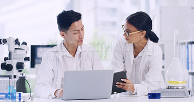 Buy stock photo Reading, team and tablet with people in lab for research, science breakthrough and test results. Medical report, chemical analysis and vaccine trial with scientists and laptop for cure update