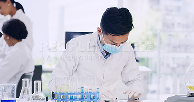 Buy stock photo Scientist, tablet and man in laboratory for research, drug development or chemistry innovation. Technology, science and person with medical study for cure, pharma review or report with mask for PPE