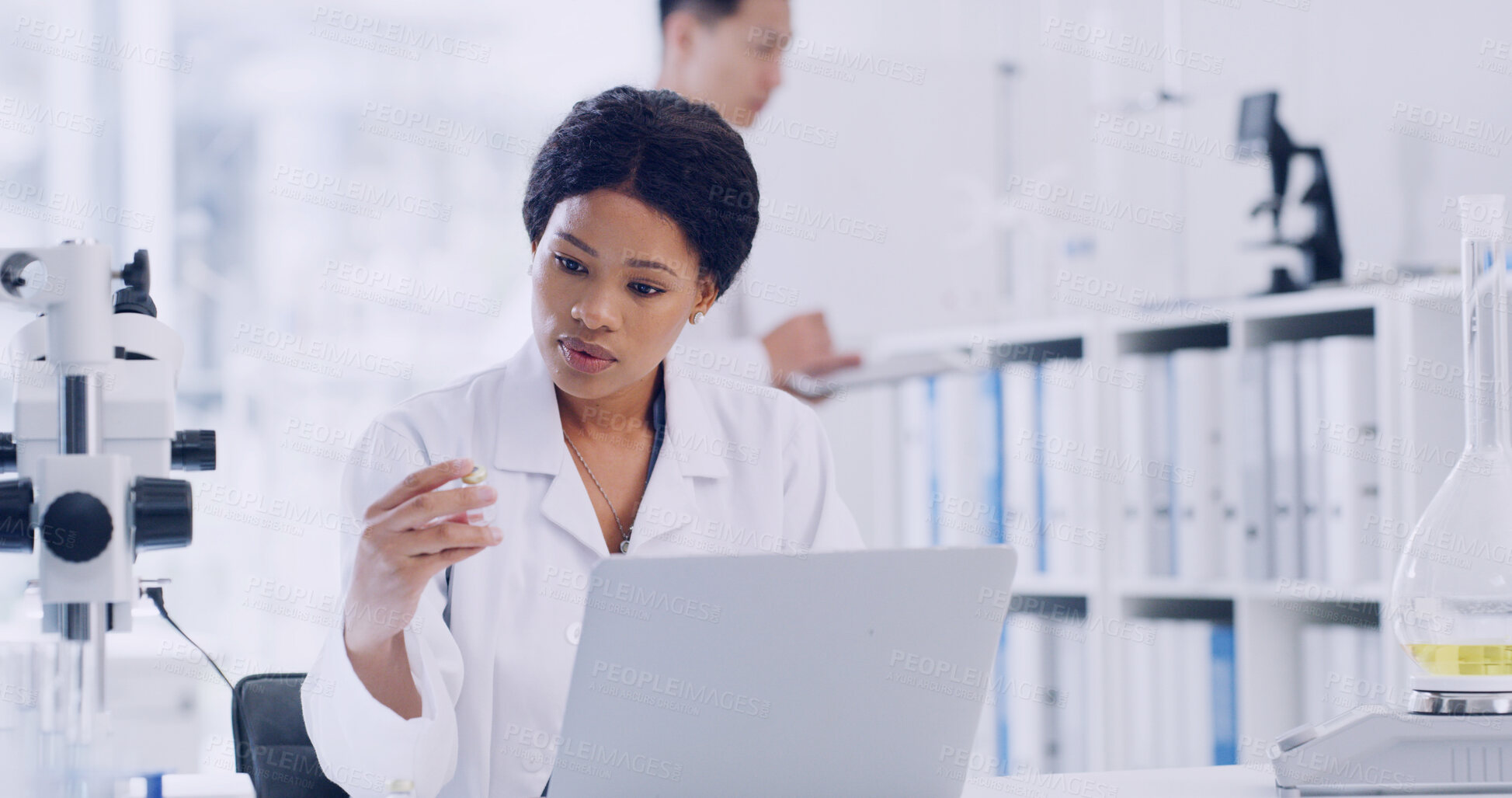 Buy stock photo Scientist, sample and laptop in lab for experiment results, medical innovation and review. Woman, check specimen and research with computer for science development, pathology report and info.