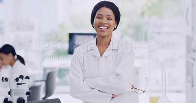 Buy stock photo Portrait, scientist and happy woman in laboratory with arms crossed, medical research or development. Smile, science innovation and person with glasses, microbiology professional and confidence