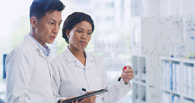 Buy stock photo Medical, tablet and glass wall with people in lab for blood sample, vaccine formula and enzyme reaction. Chemical research, digital report and brainstorming equation with scientists in clinic