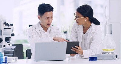 Buy stock photo Planning, research and tablet with people in lab for teamwork, science breakthrough and test results. Medical report, chemical analysis and vaccine trial with scientists and laptop for cure update