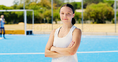 Buy stock photo Hockey, crossed arms and portrait of woman outdoor for training, practice and exercise for competition. Sports team, fitness and person with confidence for match, game and tournament for hobby