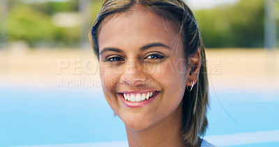 Buy stock photo Sports, happy and portrait of woman outdoor for training, practice and exercise for competition. Athlete, fitness and person with confidence, smile and pride for match, game and workout for hobby