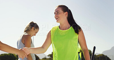 Buy stock photo Sport, hockey and woman with handshake outdoor for tournament welcome, game start and introduction. Fitness, team and players shaking hands at practice for sportsmanship, friendly match and respect