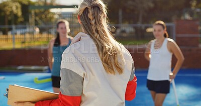 Buy stock photo Field hockey, talking and back of coach with women outdoor for training, practice and match strategy. Sports, fitness and people on turf with exercise for playing game, competition and tournament