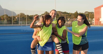 Buy stock photo Outdoor, sports game and women with celebration, excited and cheering with competition. Champion, happy players or team with solidarity, winning and victory with achievement, hockey group and success