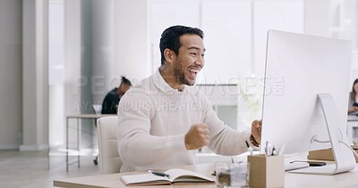 Buy stock photo Happy man, computer and celebration with success at office for project, feedback and goal at media company. Person, journalist and pc with fist pump, announcement or achievement at creative agency