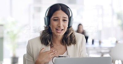 Buy stock photo Headphones, laptop and video call with business woman in coworking office for development webinar. Coffee, computer and virtual meeting with employee in workplace for feedback, review or update