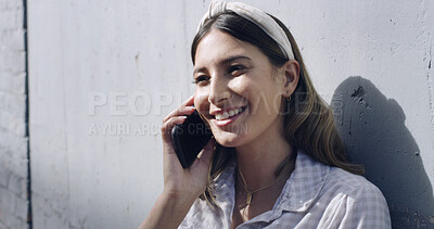 Buy stock photo Outdoor, phone call and woman with smile, talking or communication with contact for news or reporter. Happy, journalist and person with mobile for discussion, networking and conversation with source