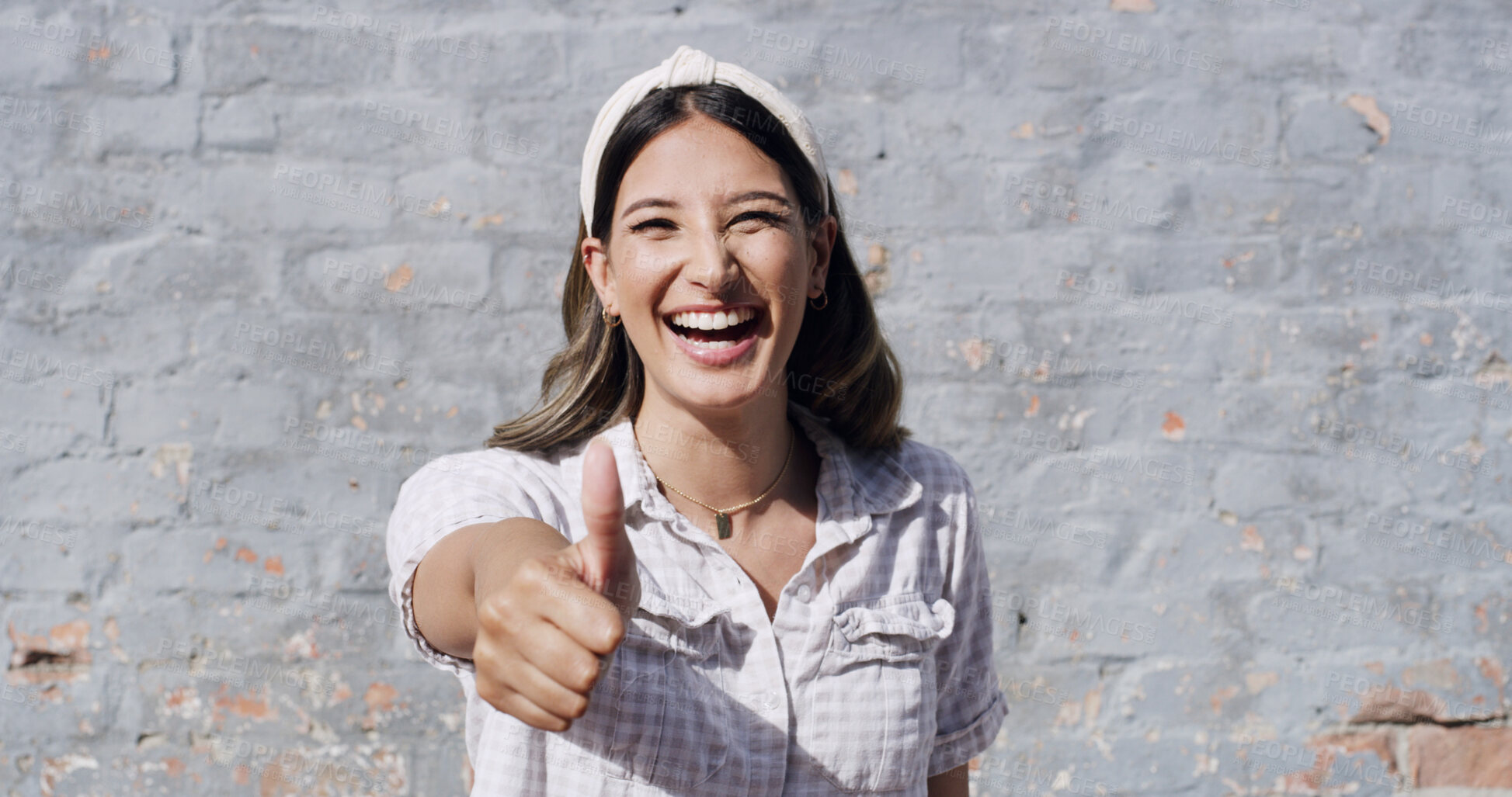 Buy stock photo Happy woman, portrait and brick wall with thumbs up for fashion, style or feedback review on space. Female person, urban and smile with like emoji, yes sign or OK for vote, agree or opinion on mockup