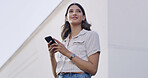 Looking, smile and woman in city with phone, post reaction or chat update on afternoon stroll. Happy, digital and girl in urban area with mobile, internet scroll or online messaging on outdoor walk.