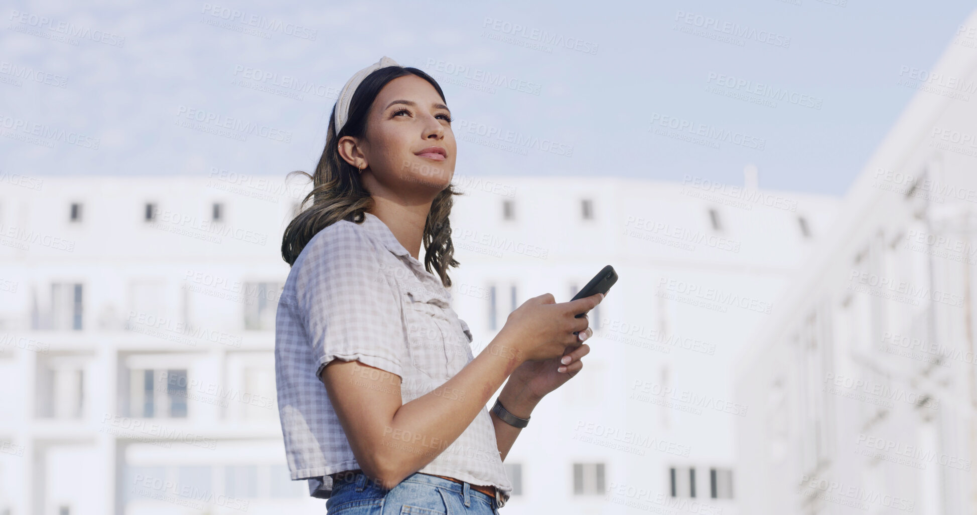 Buy stock photo Woman, thinking or city with phone for travel, online chatting or network connection in urban town. Female person, user or contemplating with mobile smartphone for outdoor trip or navigation app
