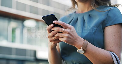 Buy stock photo Hands, business and woman in city, smartphone and message to contact, texting and real estate. Property agency, outdoor and person with cellphone, travel and internet with connection and social media