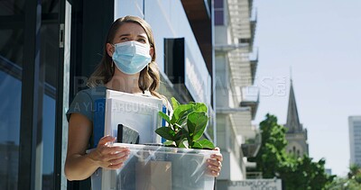 Buy stock photo Dismissal, mask or sad woman with box in city, contract termination or disappointed for unemployment. Layoff, personal belonging or upset person thinking outdoor, jobless or career crisis in pandemic
