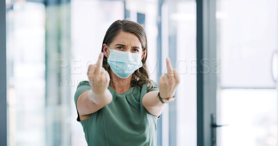 Buy stock photo Woman, mask and middle finger at office, portrait and angry with rude emoji, rejection or disagree. Person, symbol and icon with hand gesture, ppe and frustrated with virus at workplace in Australia
