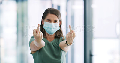 Buy stock photo Woman, face mask and middle finger at office, portrait and angry with rude emoji, rejection or disagree. Person, symbol and icon with hand gesture, ppe and frustrated with virus at workplace in Spain