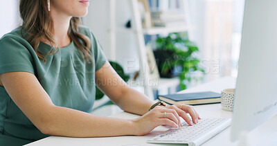 Buy stock photo Keyboard, hands and woman in office with typing for research on finance report with budget. Technology, business and female financial advisor working online for investment proposal in workplace.