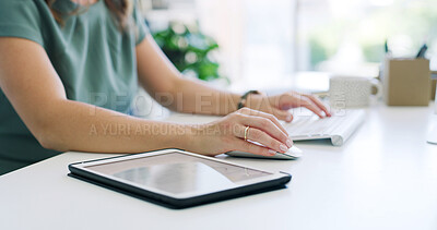 Buy stock photo Keyboard, tablet and businesswoman in office with typing for research on finance report with budget. Technology, hands and female financial advisor working online for investment proposal in workplace