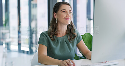 Buy stock photo Creative, office and woman with computer, reading and check for mistake on web, reporter and online. Review, article and editing with tech in newsroom, journalist or planning for magazine publication