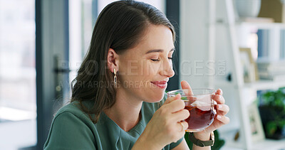 Buy stock photo Business, woman and smile with tea aroma to start day, work inspiration and office productivity. Corporate, happy employee and smell beverage at workplace for refreshment, stress relief or calm scent