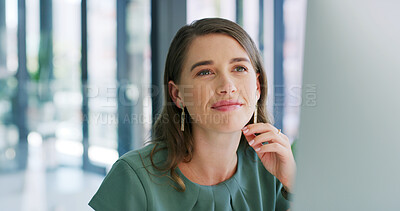 Buy stock photo Reading, online and woman with computer, office and check for mistake on web, reporter and creative. Review, article and editing with tech in newsroom, journalist or planning for magazine publication