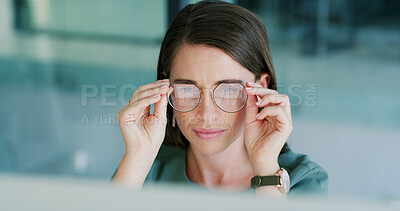 Buy stock photo Reading, glasses and woman with computer, office and check for mistake on web, reporter and creative. Journalist, online and person with eyewear for story review, editing and magazine publication